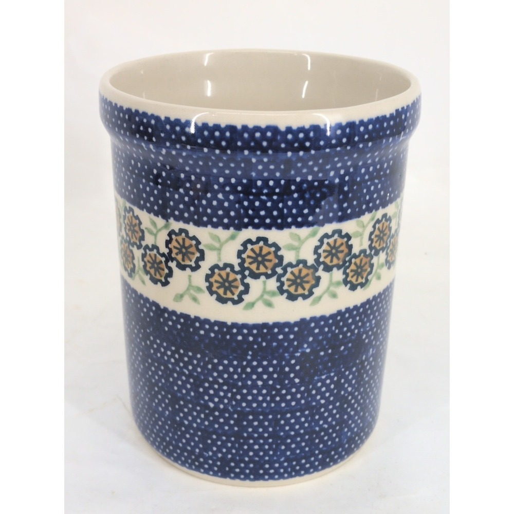 VTG POLISH Blue White Floral BOLESLAWIEC POTTERY CERAMIC UTENSIL CANISTER Jar